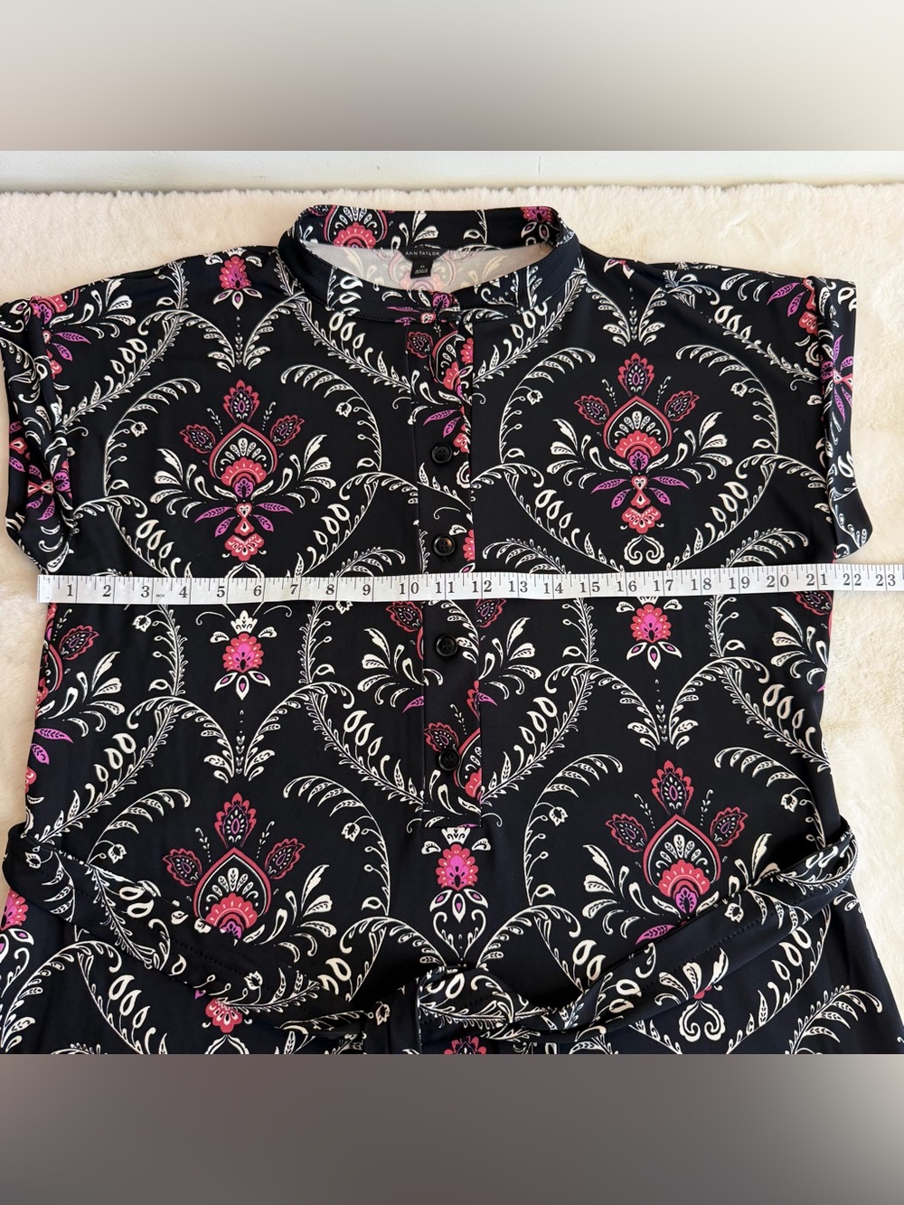 Ann Taylor Floral Knit Belted Shirt Dress Midi Black Pink Paisley Women’s XL - Picture 10 of 13